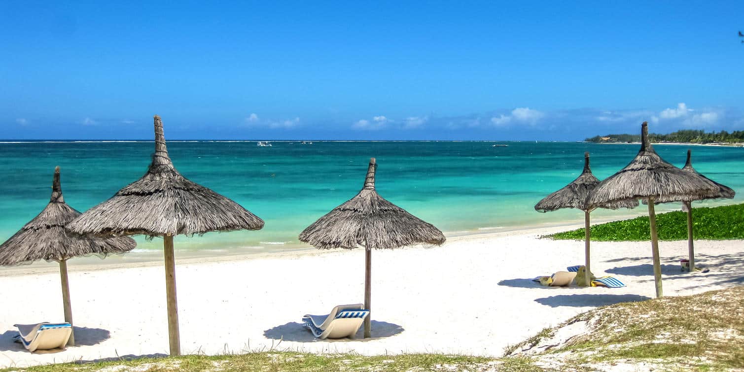 Belle Mare beach on the east coast of Mauritius with turquoise lagoon and white sand